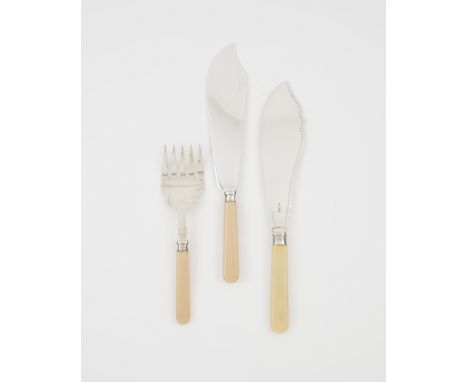 A set of three serving utensilsComprising: A carving fork and two fish carving knivesSilver-plated metalBone handlesEngland, 
