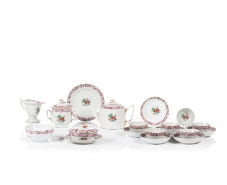 A Chinese export porcelain tea serviceChinese export porcelainPolychrome decoration depicting flowersComprising a teapot, sug