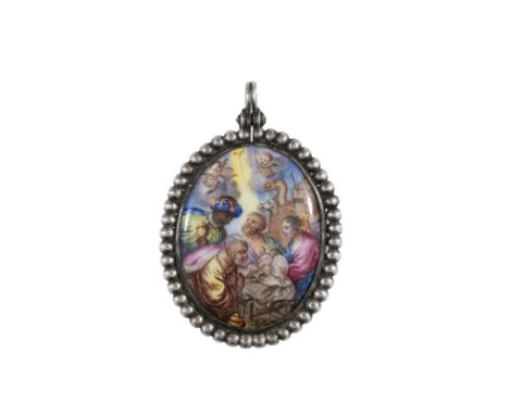 A polychrome enamel pendantPolychrome enamel plaque depicting the Adoration of the MagiSilver frame with beaded decorationUnm