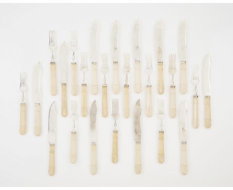 A fish cutlery setComprising twelve fish knives and twelve fish forksSilver-plated metalBone handles decorated with scrolls20