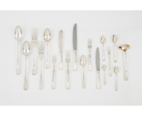 A "caninhas" pattern cutlery set for twelveComprising: 7 serving pieces; soup spoons; fish knives and forks; meat knives and 