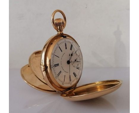 A Russells' Keyless Lever Chronograph in a Swiss 18 carat gold full hunter pocket watch: the movement having a lever escapeme