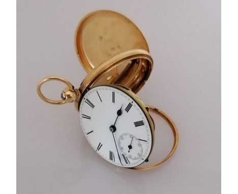 A Victorian 18ct gold-cased open key-wind pocket watch with white enamel dial, 38mm, subsidiary seconds hand, stamped to back