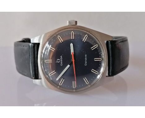 A men's 1960s Omega Geneve manual wristwatch with black dial, 30mm, orange seconds hand and baton markers, signed to face, cr