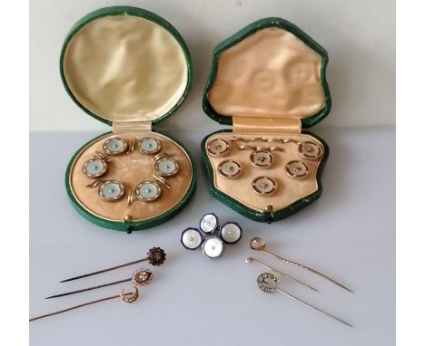 Three Edwardian rose and yellow gold gem-set tie pins, stamped 14k, 4g, three others unmarked; two cased sets of mother-of-pe