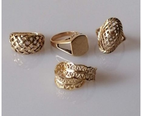 Three 9ct yellow gold rings with pierced lattice design and a pair of similar earrings, all hallmarked, sizes Q, P, R, 16.45g