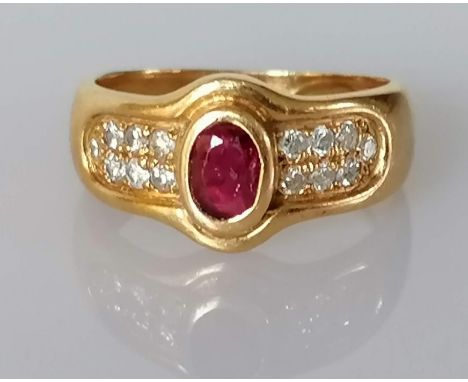 A ruby and diamond-set ring, the oval mixed-cut, medium coloured ruby, 5.6mm x 3.8mm, 0.39 carat, rub-over set, each shoulder