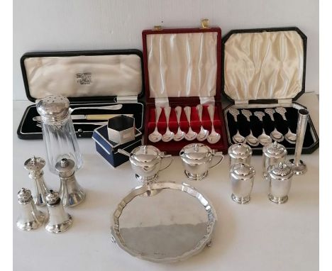 A George V cased silver fork/knife/spoon set, initialled, hallmarked for John Round, 1919; six cased coffee spoons by John R 