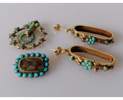 A pair of Victorian gold earrings with seed pearl and turquoise decoration, each 30mm, stamped 18ct, 4.6g; NOTE: one applied 
