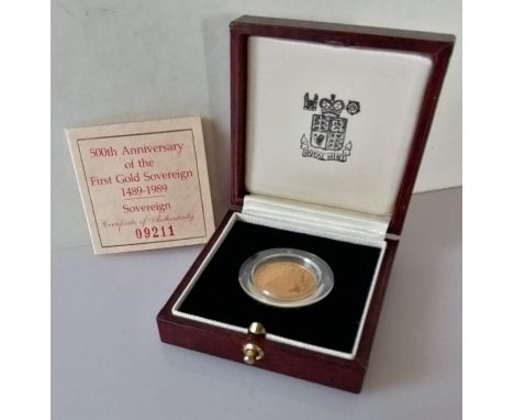 A Royal Mint 500th Anniversary of the First Gold Sovereign 1489 - 1989 Proof Limited Edition 09211, cased with CoA