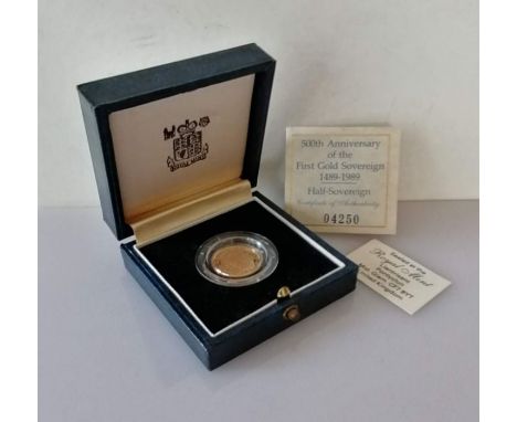 A Royal Mint 500th Anniversary of the First Gold Sovereign 1489 - 1989, Half Sovereign Proof Limited Edition 04250, cased wit
