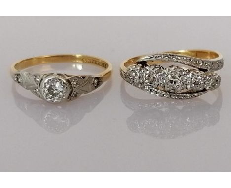 Two gold Art Deco illusion-setting diamond rings, a solitaire and a five-stone graduated twist ring, estimated diamond weight