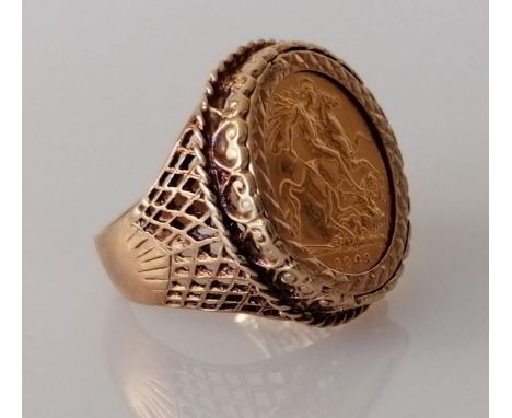 An Edwardian gold half sovereign ring, 1908, the pierced shank unmarked, but testing for 9ct, size R, 10.66g