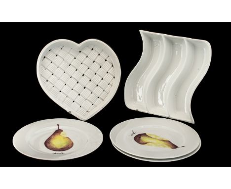 A Small Collection of Pottery to include three Limoges pear plates and two white pottery dishes including one swirl and one h