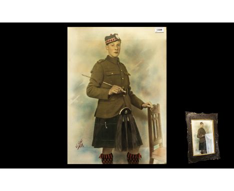 Scottish Highland Soldier From the First World War In Full Military Dress, Hand Coloured Photograph of Large Size. Signed Van