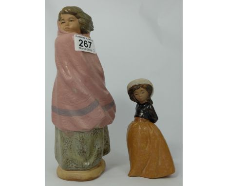 Nao stoneware figures large Girl wrapped in blanket and small Girl with hat, tallest height 30cm (2)