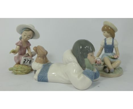 Lladro figure Girl with flowers " Flower Work" ( flower loose), Nao figure girl selling fruit "Tropical Vendor" and Nao Eskim