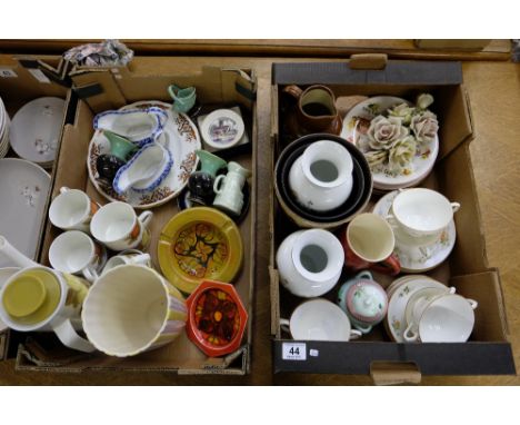 A collection of pottery including Coalport two handled soup cups, stoneware hunting jug, Meakin 1960s coffee set, Poole potte
