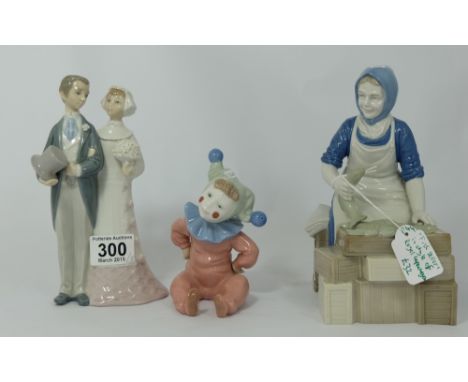 Llladro figure The Bride & Groom, Nao boy clown and unmarked figure of Lady Fisher woman, tallest 21cm  (3) 