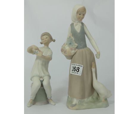 Lladro figure Girl painting her nails and Nao figure Woman with goose, both Matte glaze (2)