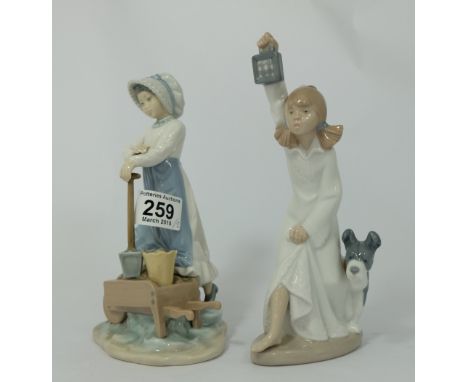 Nao figures Girl with wheelbarrow gardening and Girl with dog holding lamp, tallest height 22cm (both boxed) (2)