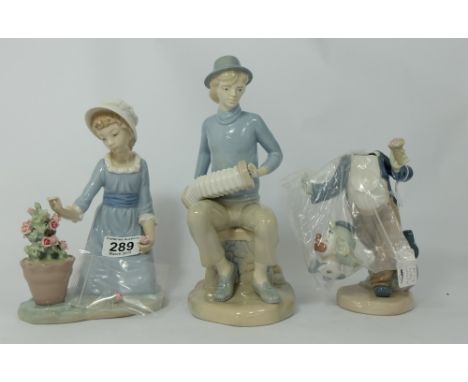 Lladro figure Girl picking roses (one rose detached and present), Spanish figure of seated Man playing accordion and Nao figu