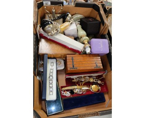 A collection of ladies costume jewellery, watches, wood jewellery boxes, alabaster lamp base & telephone etc