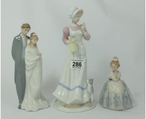 Lladro figure of Girl in floral dress, unmarked Spanish figure of lady feeding cat and Nao figure Bride & Groom, tallest heig