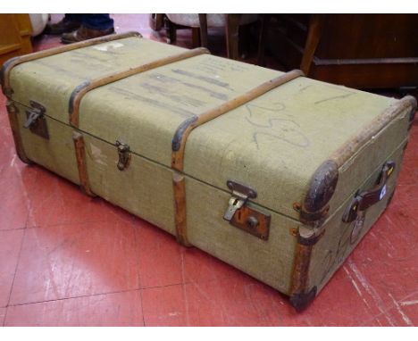Wooden banded canvas travel trunk