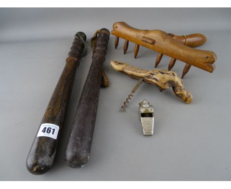 Two vintage constabulary truncheons, an Acme Thunderer whistle, treen rake and a corkscrew