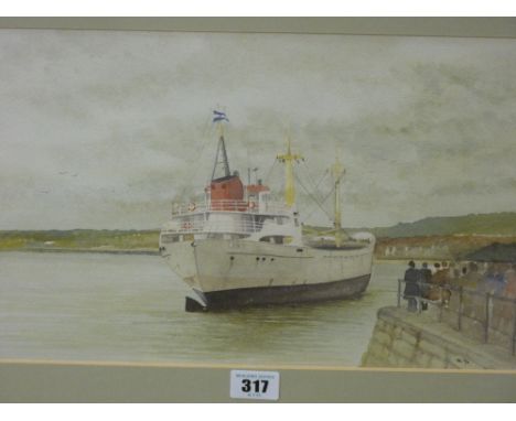 P K '92 watercolour - ferry coming into harbour with queuing passengers, 24 x 34 cms