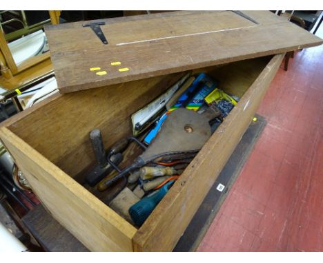 Wooden chest with contents of vintage hand tools, chisels and bellows E/T