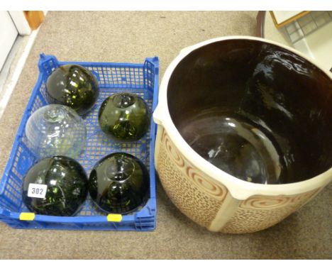 Five glass floats and a large porcelain planter