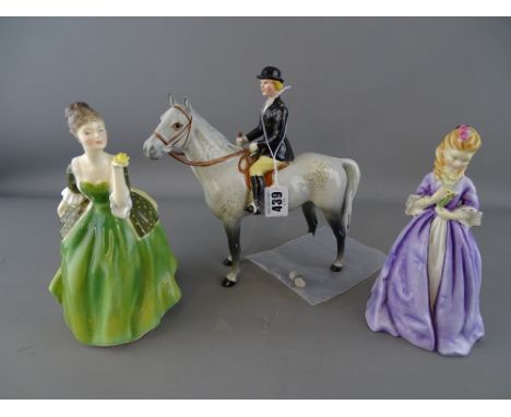 Dappled grey Beswick horse with rider A/F, a Royal Doulton figurine 'Fleur' HN2368 and a Worcester figurine 'Sweet Anne'