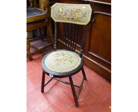 Small wooden stick back needlework upholstered bedroom chair