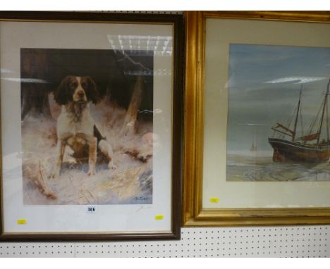 JOHN TRICKETT? limited edition print - hunting dog and a large print of docked sailing ships