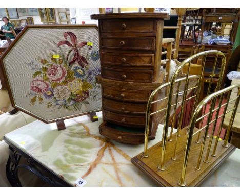 Small eight drawer chest on revolving base, a brass and wood magazine rack and small octagonal tapestry screen with floral de
