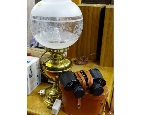Trentor binoculars in case and a brass lamp E/T