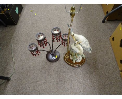 A metal, lustre candleholder and an Italian made heron table lamp