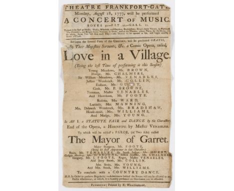 Plymouth Theatre.- Theatre Frankfort-Gate... A Concert of Music... Love in a Village...Hawthorn Mr [Samuel] Foote], printed p