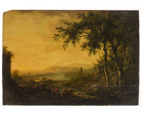 NO RESERVE English School (early 19th century) Pastoral landscape at sunset; Two figures before a waterfall in a landscape, a