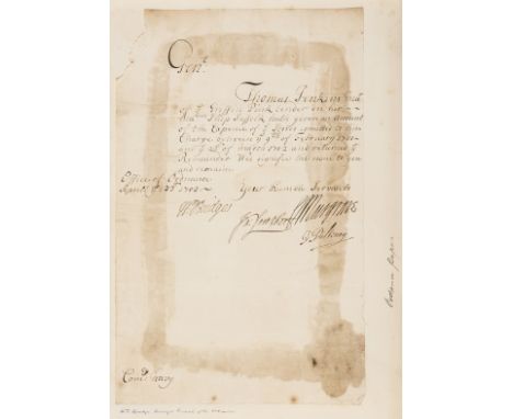 NO RESERVE Board of Ordnance.- Bridges (William, politician, a member of the Board of Ordnance, d. 1714) Certificate, Thomas 