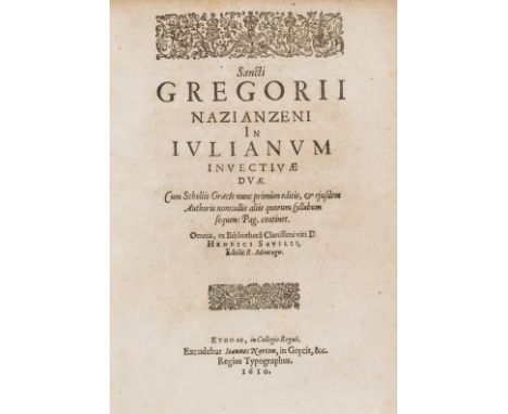 First press at Eton.- Greek printing.- Gregory (Saint, of Nazianzus) Sancti gregorii nazianzeni In julianum invectivae duae. 