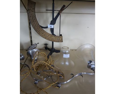A set of unusual balance scales by H. E. Messmer of London also a chrome plated up and down lamp fitting with two glass shade
