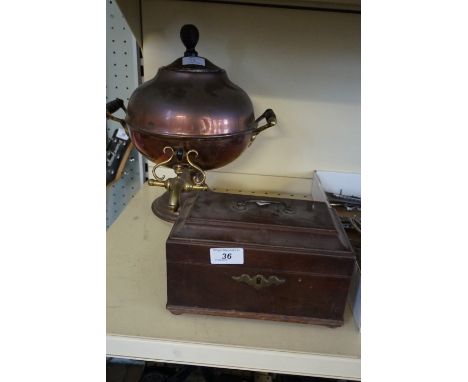 A Georgian mahogany tea caddy of plain rectangular form together with a copper twin handled samovar.