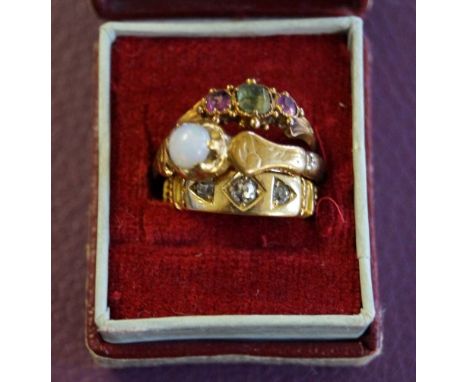 An antique yellow metal and opal ring, an antique yellow metal three coloured stone ring, and an antique 18ct yellow gold dia