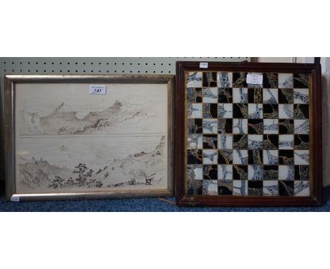 A late 19th/early 20th Century mahogany framed chess board together with a pen and ink drawing depicting a coastal scene.
