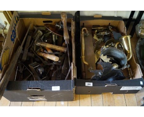 Two boxes of assorted metalware and vintage tools, to include door handles, a Stanley plane, a gin trap, cleaver, etc.