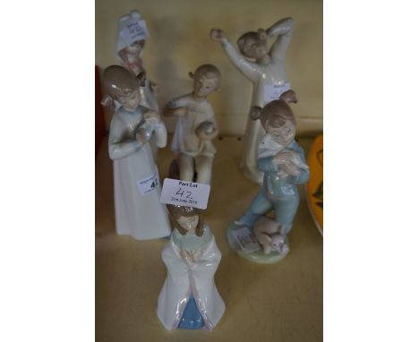 Six assorted Lladro figures to include boy with outstretched arm, also a Nao figure of a girl playing with toys.