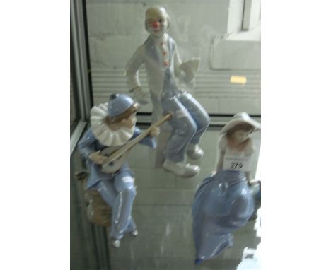 Two Nao figurines to include a Jester playing a lyre and a girl seated beside a bird, also a Porceval figure depicting a clow